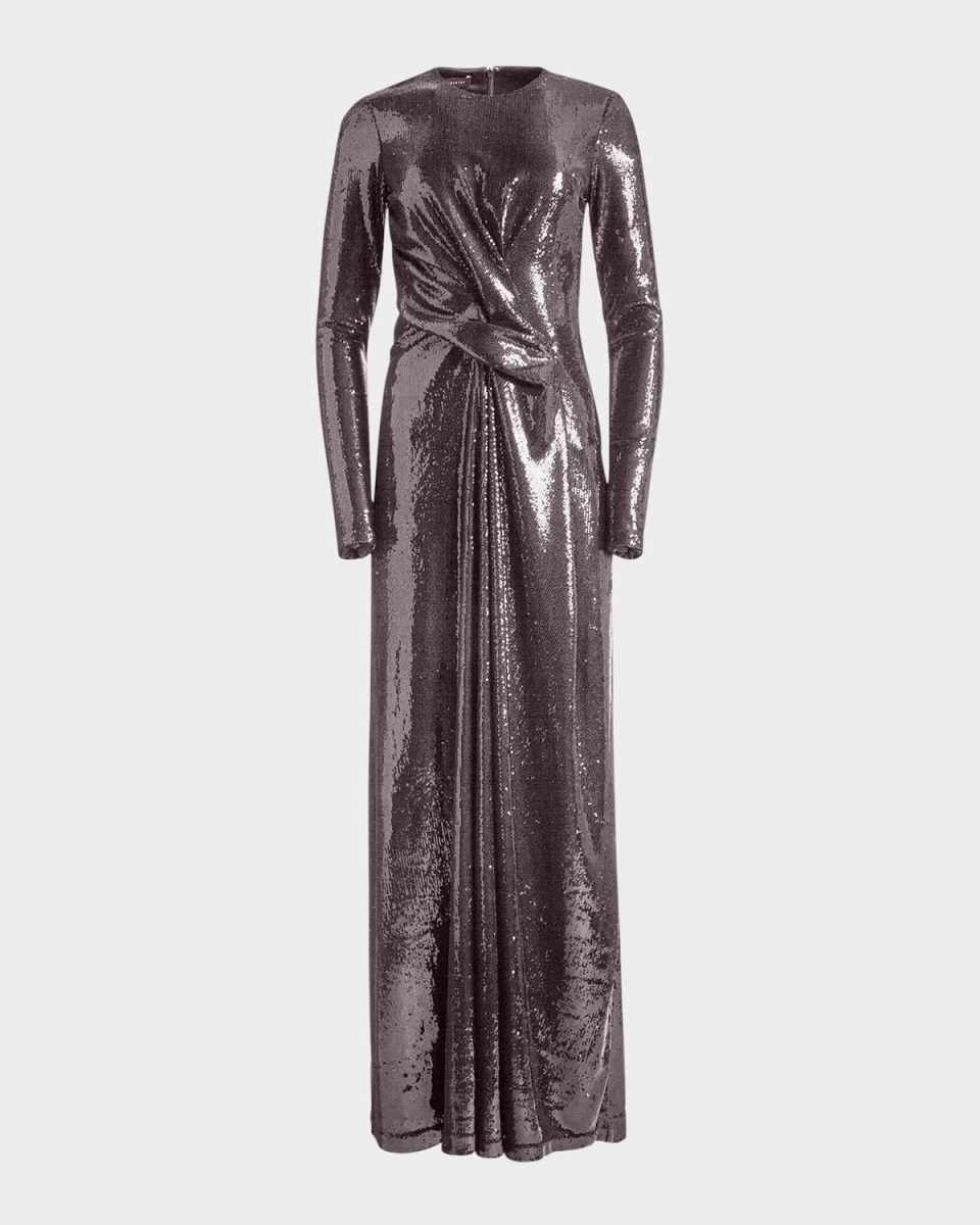 Long-Sleeve Draped Sequin Gown